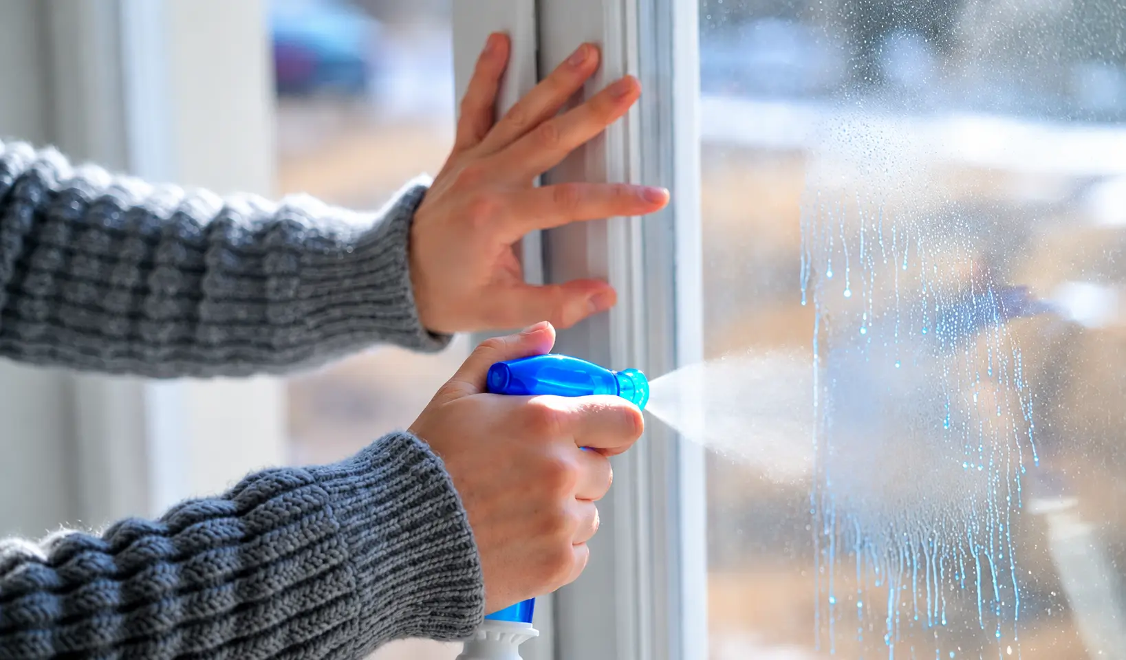 Hand wiping a window pane with a blue microfiber cloth in soft daylight