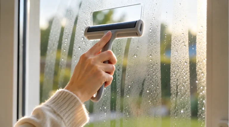 Squeegee clearing condensation on inside of windows on a sunlit morning