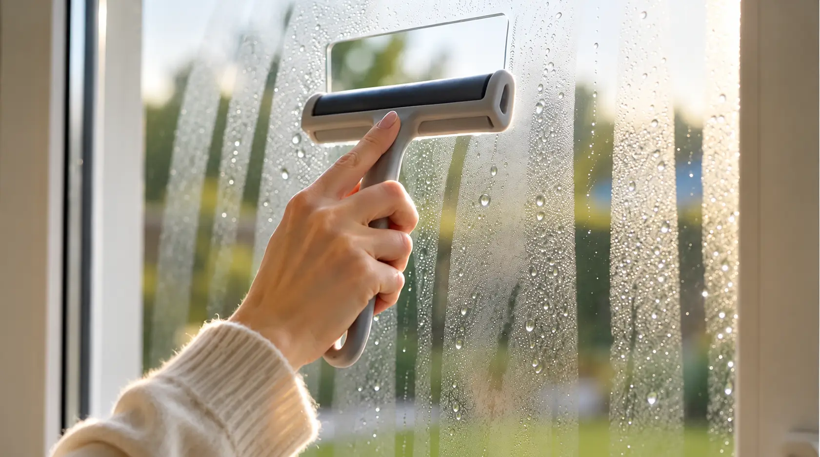 Squeegee clearing condensation on inside of windows on a sunlit morning