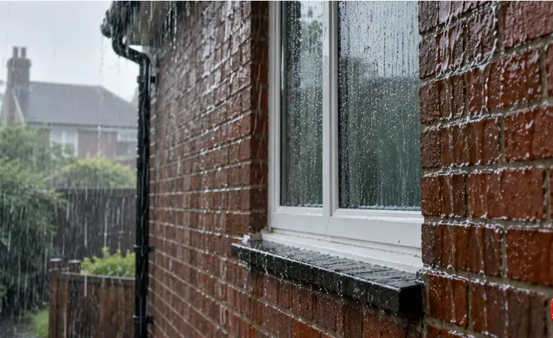 White-framed window and sill on the outside of a red brick house