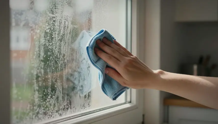 Hand wiping condensation off the inside of a window pane with a blue cloth